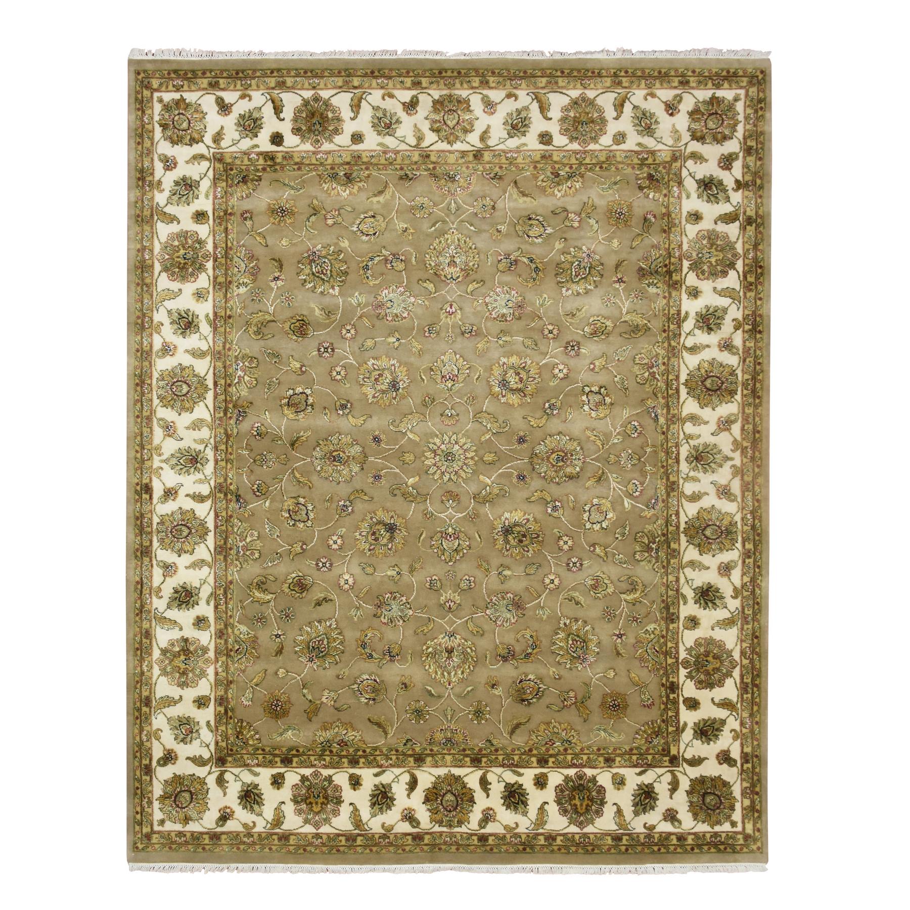 Dark Vanilla Brown, Rajasthan with All Over Leaf Design, Hand Knotted, Wool and Silk, Thick and Plush, Oriental Rug